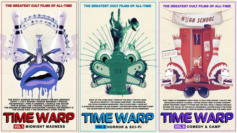 Three retro-futuristic posters featuring robots and bold typography.