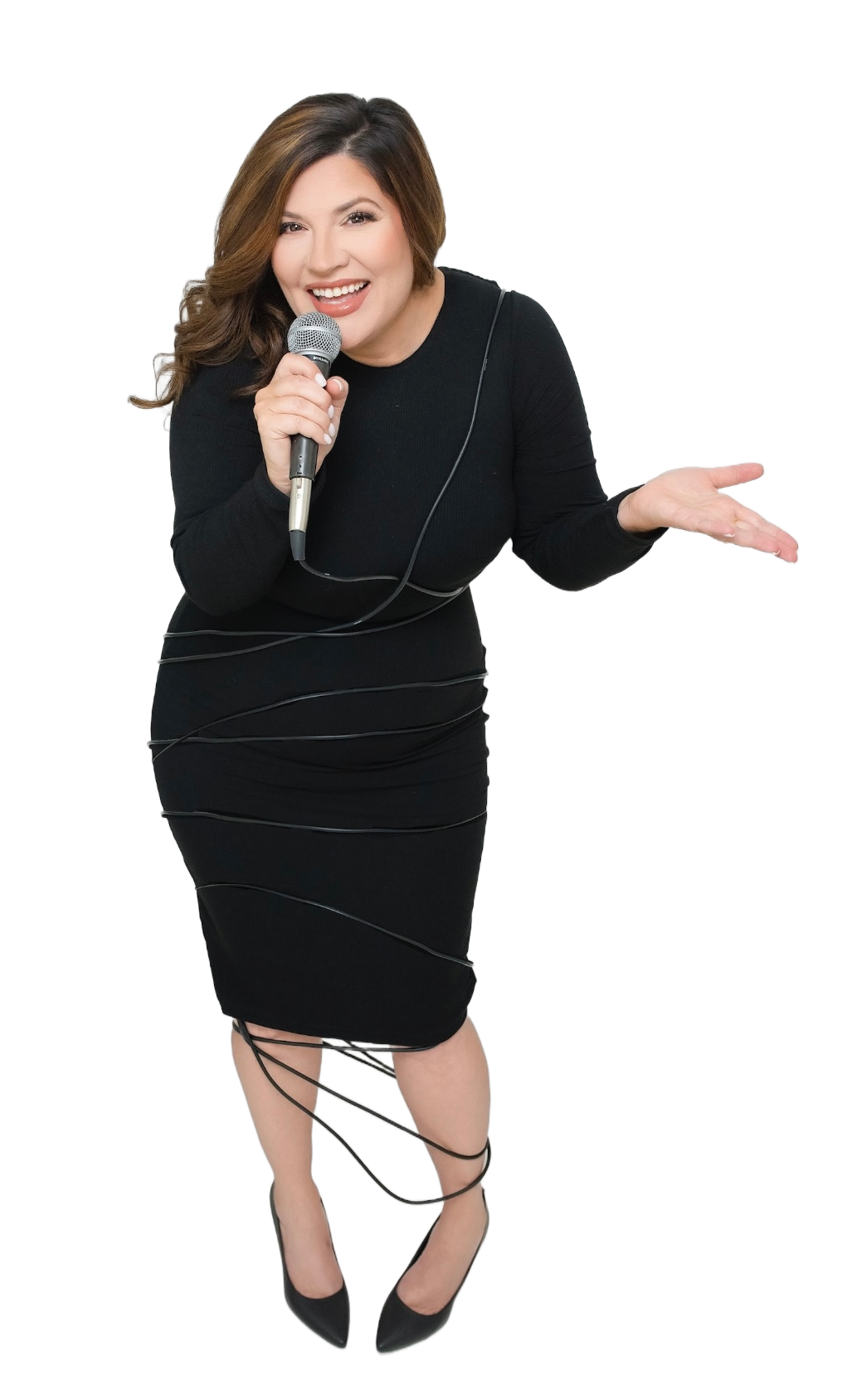 Woman in black dress speaking with a microphone.